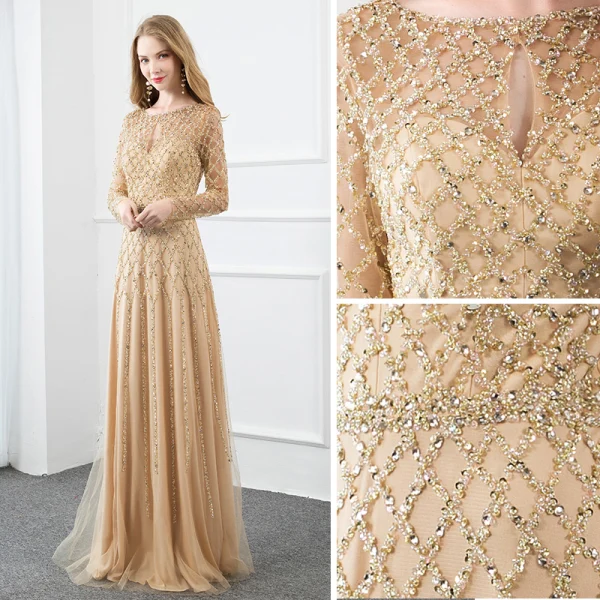 High-end Gold Handmade Evening Dresses 2020 A-Line / Princess Scoop Neck Beading Pearl Sequins Long Sleeve Floor-Length / Long Formal Dresses