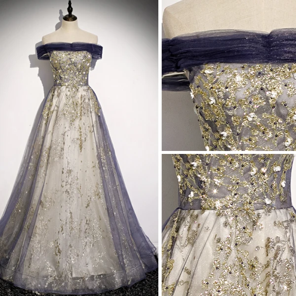 Fashion Purple Gold Glitter Evening Dresses 2020 A-Line / Princess Off-The-Shoulder Beading Rhinestone Pearl Sequins Sleeveless Backless Floor-Length / Long Formal Dresses