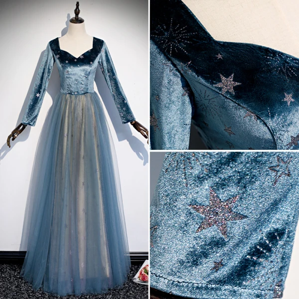 Elegant Pool Blue Star Prom Dresses 2020 A-Line / Princess Suede V-Neck Long Sleeve Floor-Length / Long Formal Dresses