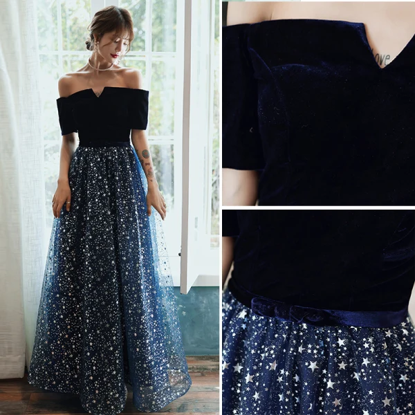 Charmant Marineblau Star Abendkleider 2020 A Linie Wildleder Off Shoulder Schleife Kurze Ärmel Rückenfreies Lange Festliche Kleider