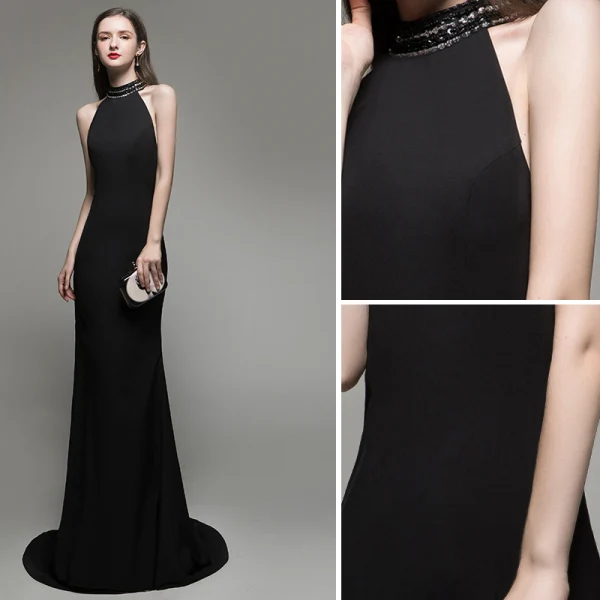 Sexy Couleur Unie Noire Robe De Soirée 2020 Trompette / Sirène Titulaire Perlage Sans Manches Dos Nu Train De Balayage Robe De Ceremonie