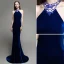 Sexy Einfarbig Königliches Blau Wildleder Abendkleider 2020 Meerjungfrau Neckholder Perlenstickerei Strass Ärmellos Rückenfreies Sweep / Pinsel Zug Festliche Kleider