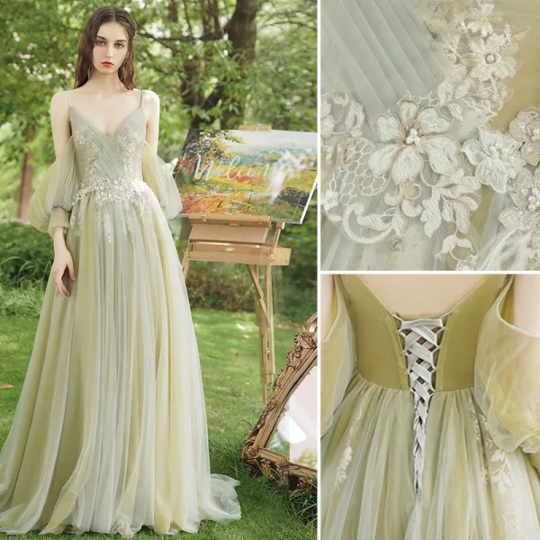 Chic / Beautiful Sage Green Pearl Lace Flower Bridesmaid Dresses 2021 A-Line / Princess Off-The-Shoulder Short Sleeve Backless Floor-Length / Long Bridesmaid Wedding Party Dresses