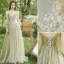 Chic / Beautiful Sage Green Pearl Lace Flower Bridesmaid Dresses 2021 A-Line / Princess Off-The-Shoulder Short Sleeve Backless Floor-Length / Long Bridesmaid Wedding Party Dresses