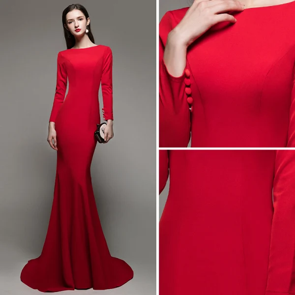 Chic Couleur Unie Rouge Robe De Soirée 2020 Trompette / Sirène Encolure Carrée Manches Longues Dos Nu Train De Balayage Robe De Ceremonie