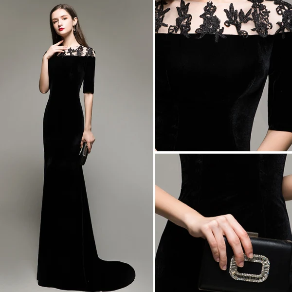 Elegant Modest / Simple Black Evening Dresses 2020 Trumpet / Mermaid Suede Scoop Neck Lace Flower 1/2 Sleeves Sweep Train Formal Dresses