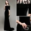 Elegant Modest / Simple Black Evening Dresses  2020 Trumpet / Mermaid Suede Scoop Neck Lace Flower 1/2 Sleeves Sweep Train Formal Dresses