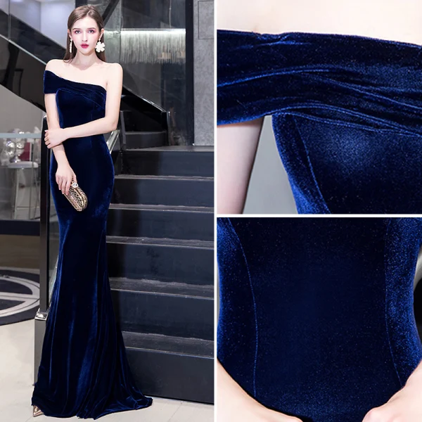 Élégant Couleur Unie Bleu Marine Robe De Soirée 2020 Trompette / Sirène Daim Une épaule Sans Manches Dos Nu Longue Robe De Ceremonie