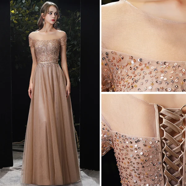 Charming Gold Evening Dresses  2020 A-Line / Princess Scoop Neck Beading Sequins Sash Short Sleeve Floor-Length / Long Formal Dresses