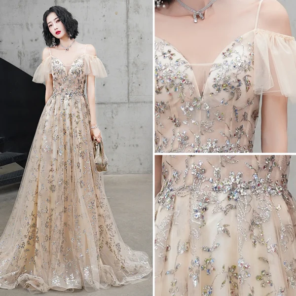 Charmant Champagne Robe De Soirée 2020 Princesse Bretelles Spaghetti Perlage Paillettes En Dentelle Fleur Manches Courtes Dos Nu Train De Balayage Robe De Ceremonie