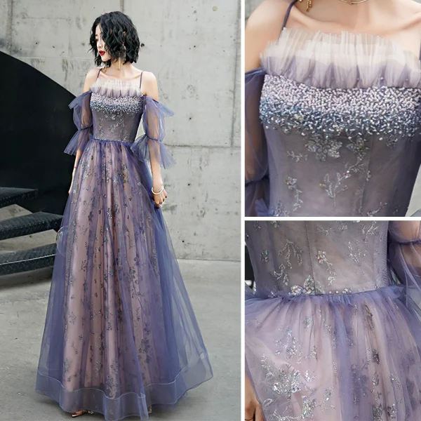 Fashion Purple Evening Dresses  2020 A-Line / Princess Spaghetti Straps Beading Sequins Lace Flower Short Sleeve Backless Floor-Length / Long Formal Dresses