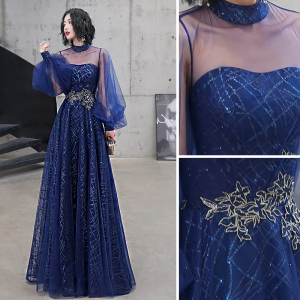 Classy Royal Blue Evening Dresses  2020 A-Line / Princess High Neck Sequins Lace Flower Long Sleeve Backless Floor-Length / Long Formal Dresses