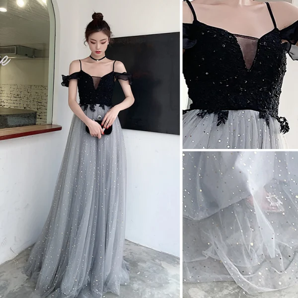 Fashion Grey Star Sequins Evening Dresses  2020 A-Line / Princess Spaghetti Straps Lace Flower Sleeveless Backless Floor-Length / Long Formal Dresses