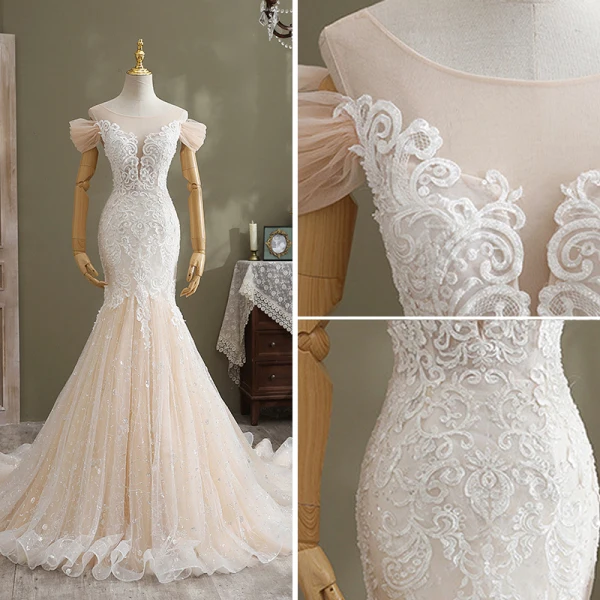Sexy Champagne Wedding Dresses 2021 Trumpet / Mermaid Scoop Neck Sequins Lace Flower Short Sleeve Backless Cathedral Train Wedding