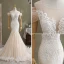 Sexy Champagne Wedding Dresses 2021 Trumpet / Mermaid Scoop Neck Sequins Lace Flower Short Sleeve Backless Cathedral Train Wedding
