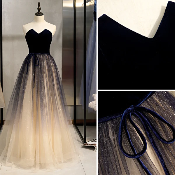 Classy Champagne Prom Dresses 2020 A-Line / Princess Glitter Tulle Suede Strapless Bow Sleeveless Backless Floor-Length / Long Formal Dresses
