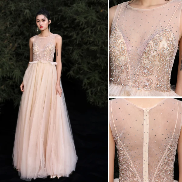 Elegant Gold Evening Dresses  2020 A-Line / Princess Scoop Neck Beading Rhinestone Sleeveless Floor-Length / Long Formal Dresses