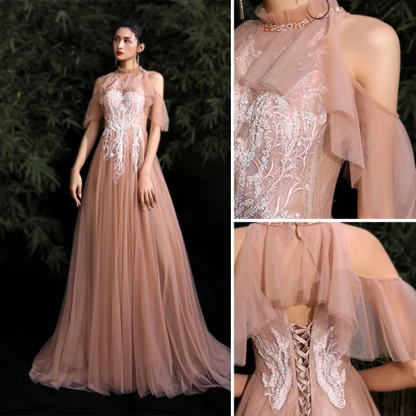 Chic / Belle Nues Robe De Bal 2020 Princesse Titulaire Perlage Paillettes En Dentelle Fleur Manches Courtes Dos Nu Train De Balayage Robe De Ceremonie