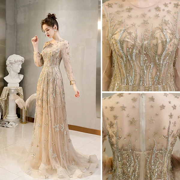 Haut de Gamme Doré Perlage Robe De Soirée 2020 Princesse Encolure Dégagée Faux Diamant Manches Longues Train De Balayage Robe De Ceremonie