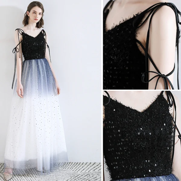 Fashion Ocean Blue Evening Dresses 2020 A-Line / Princess Spaghetti Straps Tassel Star Sequins Sleeveless Backless Floor-Length / Long Formal Dresses