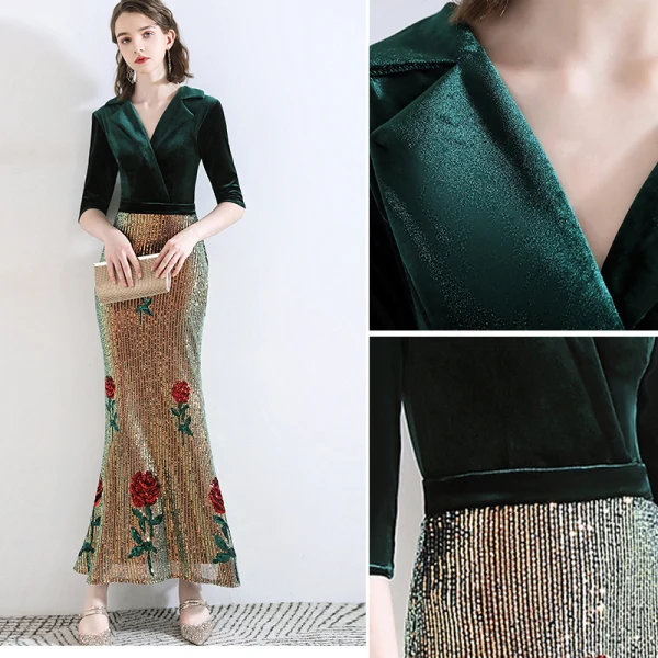 Classic Dark Green Evening Dresses 2020 Trumpet / Mermaid Suede V-Neck Sequins 1/2 Sleeves Ankle Length Formal Dresses