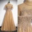 Élégant Champagne Robe De Bal 2021 Princesse Col Haut Perlage En Dentelle Paillettes Manches Courtes Dos Nu Longue Promo Robe De Ceremonie