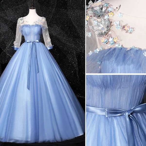 Flower Fairy Sky Blue Fairytale Prom Dresses 2020 Ball Gown Scoop Neck Appliques Rhinestone Lace Flower Bow 3/4 Sleeve Backless Floor-Length / Long