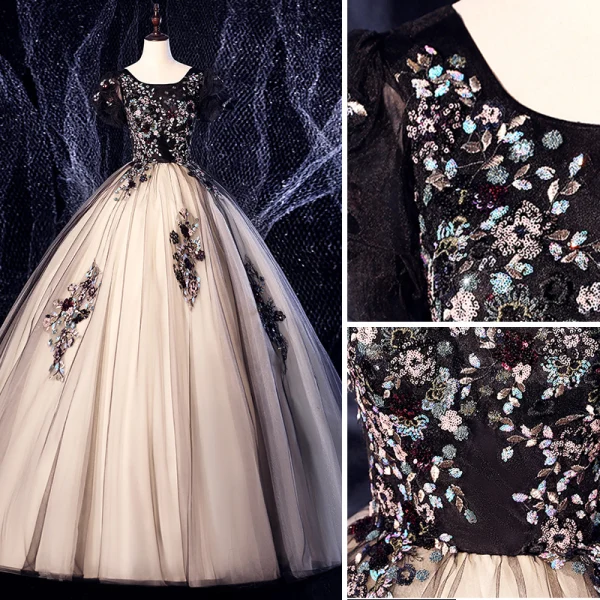Elegant Black Prom Dresses 2020 Ball Gown Suede Scoop Neck Lace Flower Sequins Rhinestone Short Sleeve Backless Floor-Length / Long Formal Dresses