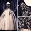 Elegant Black Prom Dresses 2020 Ball Gown Suede Scoop Neck Lace Flower Sequins Rhinestone Short Sleeve Backless Floor-Length / Long Formal Dresses