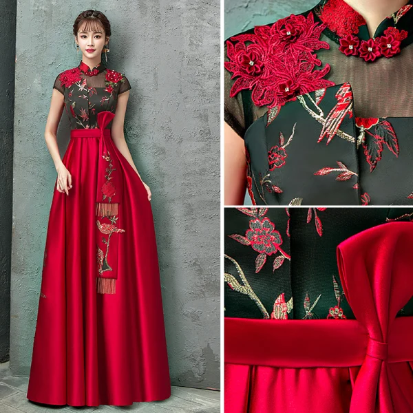 Style Chinois Rouge Robe De Soirée 2020 Princesse Col Haut Faux Diamant En Dentelle Fleur Noeud Mancherons Dos Nu Longue Robe De Ceremonie