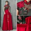 Style Chinois Rouge Robe De Soirée 2020 Princesse Col Haut Faux Diamant En Dentelle Fleur Noeud Mancherons Dos Nu Longue Robe De Ceremonie
