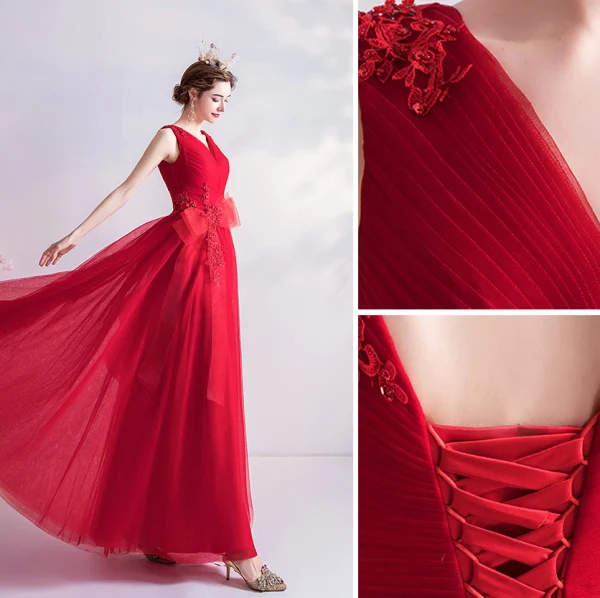 Chic / Beautiful Red Prom Dresses 2020 A-Line / Princess V-Neck Bow Beading Sequins Lace Flower Sleeveless Backless Floor-Length / Long Formal Dresses