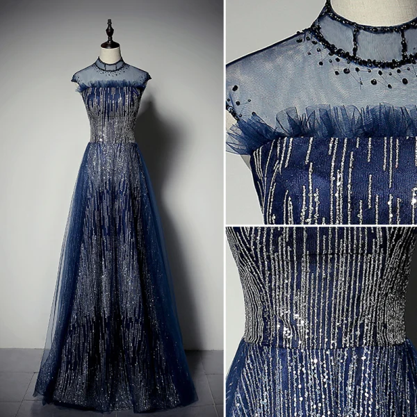 Glitzernden Marineblau Pailletten Abendkleider 2020 A Linie Stehkragen Strass Ärmellos Rückenfreies Lange Festliche Kleider