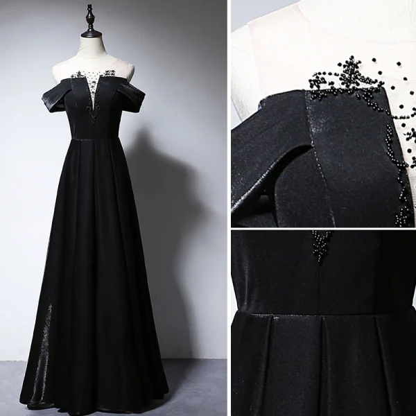 Elegant Black Evening Dresses 2020 A-Line / Princess Scoop Neck Beading Short Sleeve Backless Floor-Length / Long Formal Dresses