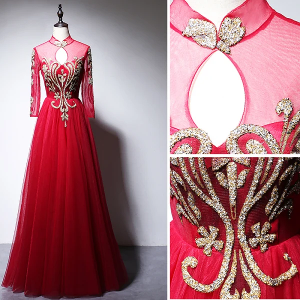 Chinese style Red Evening Dresses 2020 A-Line / Princess High Neck Beading Rhinestone Sequins Long Sleeve Floor-Length / Long Formal Dresses
