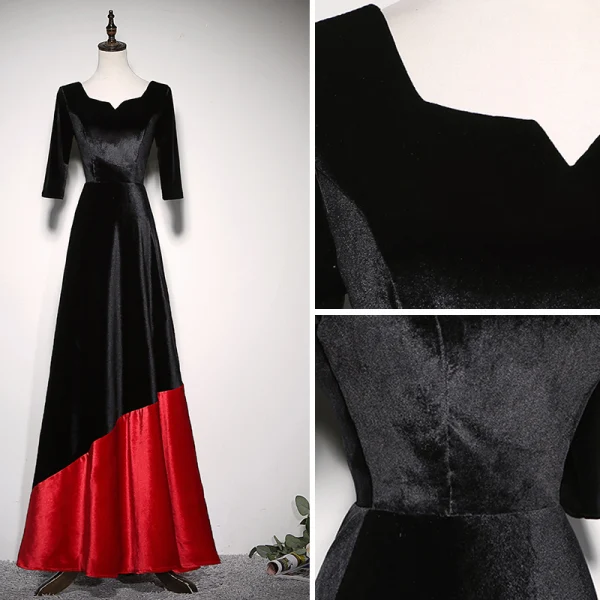 Chic / Beautiful Two Tone Evening Dresses 2020 A-Line / Princess Suede Square Neckline 1/2 Sleeves Backless Floor-Length / Long Formal Dresses