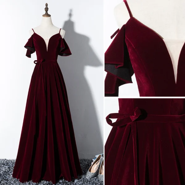Modest / Simple Burgundy Evening Dresses  2020 A-Line / Princess Spaghetti Straps Suede Bow Short Sleeve Backless Floor-Length / Long Formal Dresses