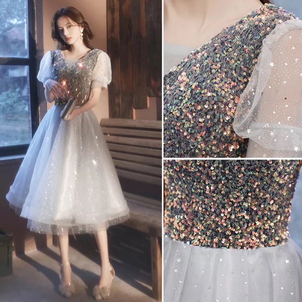 Chic / Belle Rougissant Rose Robe De Bal 2018 Princesse En Dentelle Fleur Cristal Faux Diamant Encolure Dégagée Dos Nu Manches Courtes Longueur Cheville Robe De Ceremonie