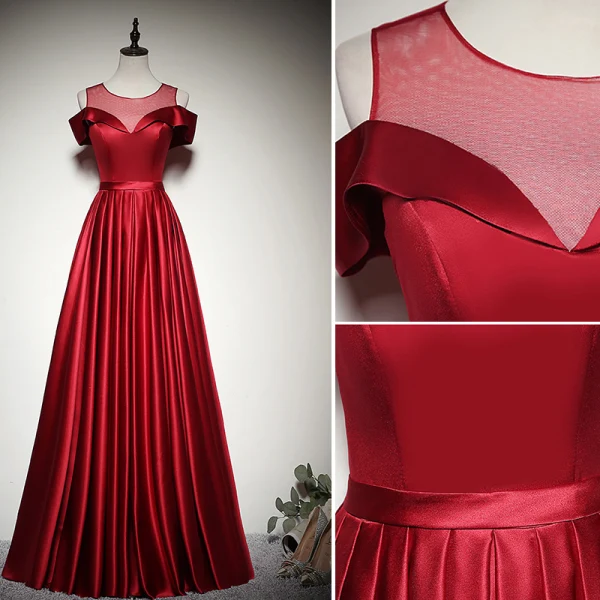 Elegant Solid Color Burgundy Evening Dresses  2020 A-Line / Princess Scoop Neck Short Sleeve Backless Floor-Length / Long Formal Dresses