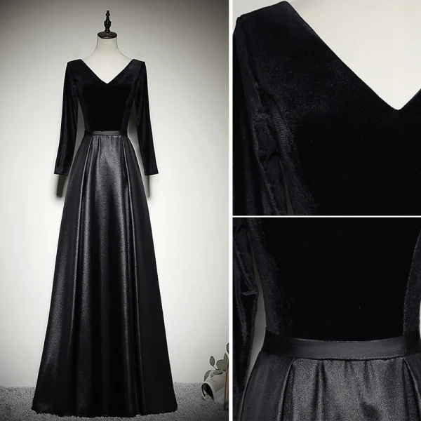 Modest / Simple Black Evening Dresses 2020 A-Line / Princess Suede V-Neck Long Sleeve Backless Floor-Length / Long Formal Dresses
