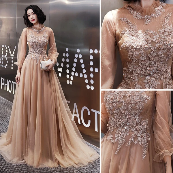 Elegant Champagne Evening Dresses 2020 A-Line / Princess High Neck Rhinestone Sequins Lace Flower Long Sleeve Backless Sweep Train Formal Dresses