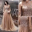 Elegant Champagne Evening Dresses  2020 A-Line / Princess High Neck Rhinestone Sequins Lace Flower Long Sleeve Backless Sweep Train Formal Dresses