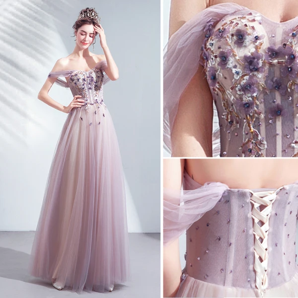Schöne Violett Abendkleider 2020 A Linie Off Shoulder Perlenstickerei Applikationen Blumen Spitze Pailletten Ärmellos Rückenfreies Lange Festliche Kleider