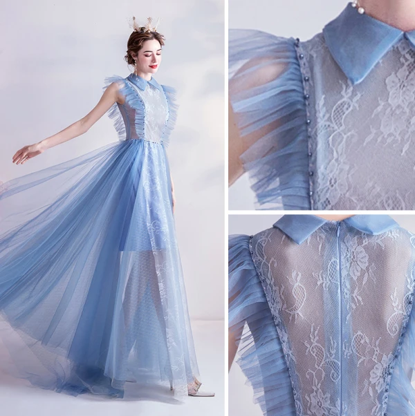 Vintage / Retro Sky Blue Evening Dresses 2020 A-Line / Princess High Neck Ruffle Lace Flower Sleeveless Floor-Length / Long Formal Dresses