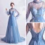 Vintage / Retro Sky Blue Evening Dresses  2020 A-Line / Princess High Neck Appliques Crystal Lace Flower Rhinestone Sequins Long Sleeve Backless Sweep Train Formal Dresses