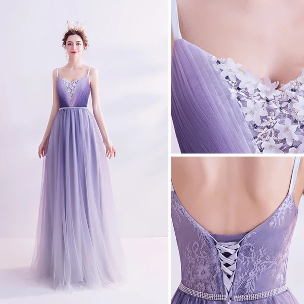 Charming Purple Evening Dresses 2020 A-Line / Princess Spaghetti Straps Beading Rhinestone Appliques Lace Flower Sleeveless Backless Floor-Length / Long Formal Dresses