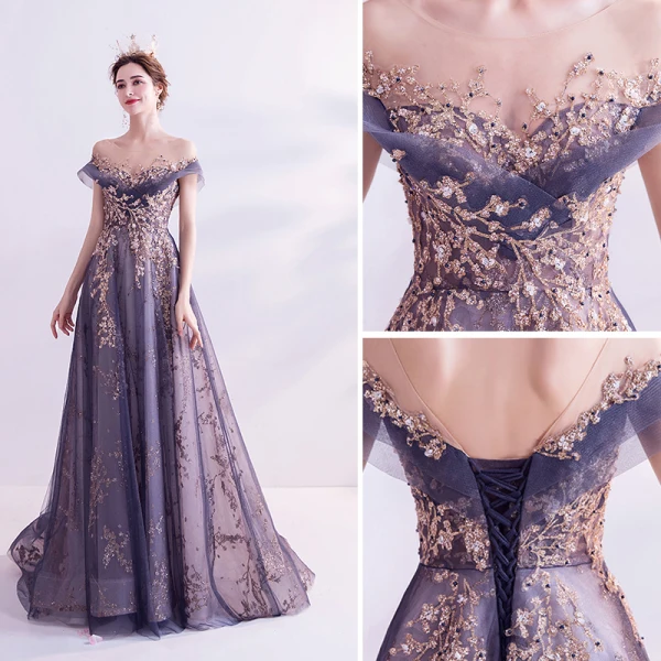 Elegant Purple Glitter Prom Dresses 2020 A-Line / Princess Scoop Neck Beading Rhinestone Sequins Lace Flower Short Sleeve Backless Sweep Train