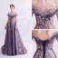 Elegant Purple Glitter Prom Dresses 2020 A-Line / Princess Scoop Neck Beading Rhinestone Sequins Lace Flower Short Sleeve Backless Sweep Train