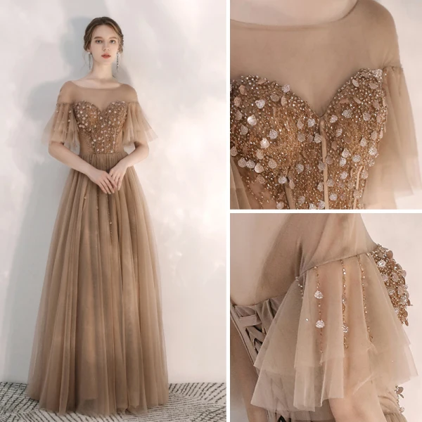 Elegant Brown Evening Dresses  2020 A-Line / Princess Scoop Neck Rhinestone Sequins Short Sleeve Backless Floor-Length / Long Formal Dresses
