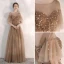 Elegant Brown Evening Dresses  2020 A-Line / Princess Scoop Neck Rhinestone Sequins Short Sleeve Backless Floor-Length / Long Formal Dresses